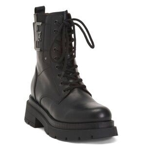 NEROGIARDINI Black Made In Italy Leather Logo Plate Lace Up Booties